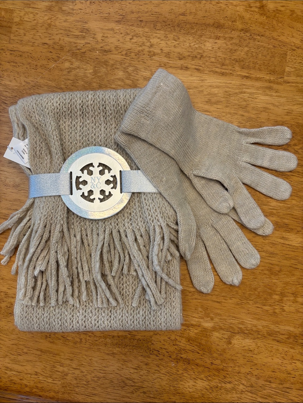 New York & Company Taupe Knit Scarf and Glove Set